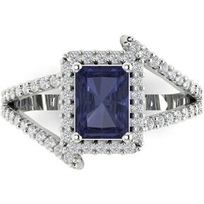 Clara Pucci 2.10 ct Emerald Cut Solitaire Halo Criss Cross VVS1 Blue Sapphire Designer Bridal Engagement Ring 14k White Gold