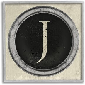 Stupell Industries Letter J Initial Vintage Shape Typewriter Key, Designed by Daphne Polselli Gray Framed Wall Art, 12 x 12, Beige