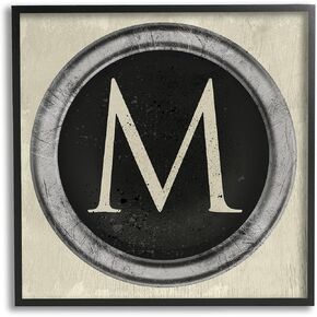 Stupell Industries Letter M Initial Vintage Shape Typewriter Key, Designed by Daphne Polselli Black Framed Wall Art, 12 x 12, Beige