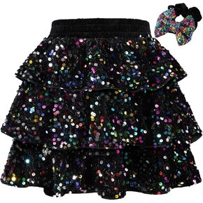 Girls Sequin Skirt 3-Layer Ruffle Skirts Elastic Waist Sparkle Metallic Tulle Skirts with Hair Scrunchies for Girls 6-14Y