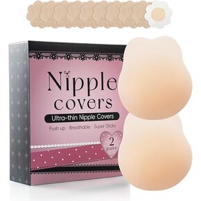 Trifabricy Nipple Covers - 2 Pairs Lift Ultra-Thin Sticky Push up Nipple Pasties, Reusable Silicone Breast Petals, Strapless Backless Bras, Nipple Covers for Women