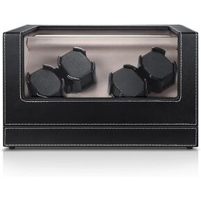Automatic Watch Winder, Black PU Leather Rotating Watch Box with Quiet Motor, 4 Watch Winders Display Case, Elasticity Pillow Suitable Lady and Man Watches, AC Adapter