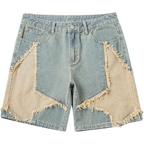 Floerns Men's Frayed Hem Star Pattern Wide Leg Denim Shorts with Pocket