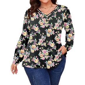 TFSDOD Plus Size Tops for Women Long Sleeve V Neck Shirts Dressy Casual Blouse Loose Fit Basic Tee Tshirt(1X-5X)