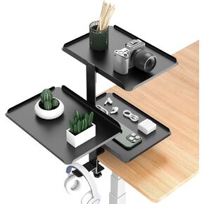 Desk Organizer Shelf, Clamp-On Desk Shelf Organizer,Desktop or Under Desk 3-Tier Adjustable Metal Storage Tray & Headphone Stand,No drilling required/Easy to install (Black)