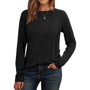 AUTOMET Womens Long Sleeve Shirts Pleated Crew Neck Casual Fall Fashion Tops Loose Fit Lightweight Girls Outfits Clothes