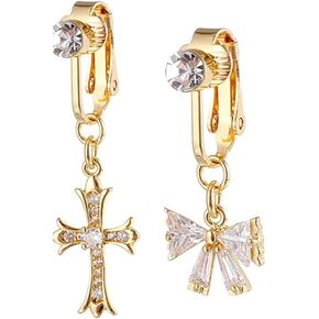 2Pcs Cross Bow Fake Belly Button Rings Non Piercing Clip On Belly Navel Rings Sparkling CZ Belly Barbell Fake Body Piercing Jewelry for Women