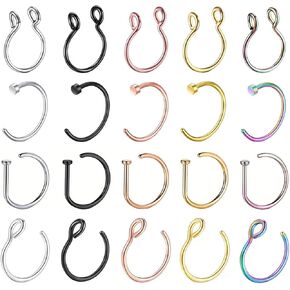 20Pcs Fake Piering Nose Ring For Women Men Punk Non Piercing Nose Septum Clip Stainless Steel Faux Fake Nose Ring Fashion Body Jewelry, 0.8mm