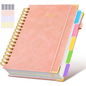 Hardcover Spiral Notebook Journal with Removable Dividers Tabs, 300 Pages Leather 5 Subject Notebook College Ruled, 8"x10" Large B5 Notebooks for Work School Note taking, Lined Journal for Women, Pink
