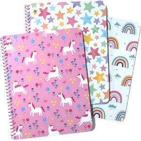 Wide Ruled Spiral Notebook, Set of 3 Adorable 1 Subject Spiral Notebook Wide Ruled, 100 Perforated 3-Hole Punched Sheets, with Pocket Folder. 8 X 10.5