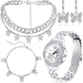 4 Pcs Butterfly Hip Hop Jewelry Set Butterfly Link Chains Bling Rhinestone Watch for Man Artificial Diamond Necklace Bracelet Crystal Butterfly Watch Sliver Bling Earrings