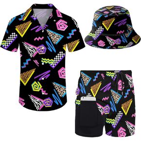 Mens 2 Pieces Hawaiian Shirt and Shorts Set Short Sleeve Button Down Shirts Tracksuit for Men with Bucket Hats