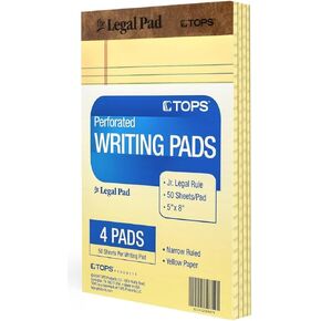 Tops Small Legal Pads 5x8 Yellow - 4 Pack - 5x8 Legal Pad Brand - Narrow Ruled - 5 X 8 Note Pads - 50 Sheets Per Jr Legal Pads - Made In The USA