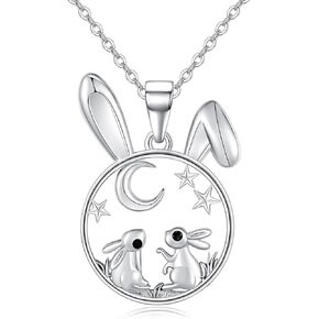 Bunny Necklace for Women 925 Sterling Silver Double Rabbit Pendant Necklace Animal Rabbit Jewelry