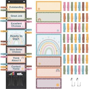59 Pcs Student Behavior Clip Chart for Classroom Management Kids Track Reward Incentive Behavior Pocket Chart Boho Behavior Bulletin Board Teacher Supplies for School Office Homeschool