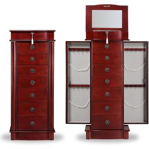 Hives & Honey Nora Jewelry Armoire, Locking Storage Organizer with 7 Drawers and 2 Doors Featuring Necklace Hooks, Cherry