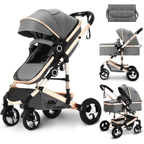 Kinder King 2 in 1 Convertible Baby Stroller, Folding High Landscape Infant Carriage, Newborn Reversible Bassinet Pram, Adjustable Canopy, Diaper Bag, Anti-Shock Toddler Pushchair Stroller, Black