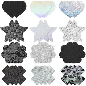12 Pairs Adhesive Nipple Covers Glitters Disposable Thin Niple Cover for Women Bling/Lace Small Sticky Nipple Stickers Cross Heart Star Flower Shape Nipple Covers Black and Silver