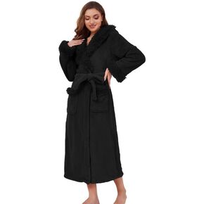 Womens Hooded Plush Long Robe, Soft Warm Fleece Bathrobe for Women Fluffy Cute Spa Robe