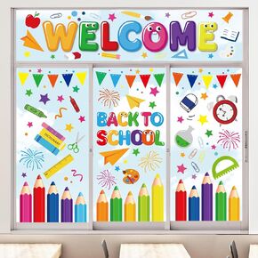 Whaline 9 Sheet Back to School Window Clings Colorful Pencil Crayon Ruler Window Decals Double-Sided First Day of School Window Decor for Students Classroom Playroom Nursery