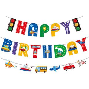Transportation Happy Birthday Banner Transportation Theme Birthday Party Decorations for Kids Boys Car Bus Train Plane Ship Helicopter Traffic Light Photo Props Garland