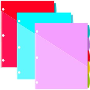 5-Tab Plastic Binder Dividers with Two Pockets - 3 Sets, 15 pcs Multicolor Pocket dividers with 3 Holes for 3 Ring Binders, Bividers with Tabs for School,Office and Home
