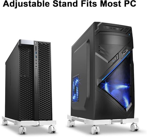 حامل كمبيوتر شخصي، حامل برج كمبيوتر قابل للتعديل مع 4 عجلات دوارة، حامل وحدة المعالجة المركزية مع 4 وسائد وسائد، سعة تحميل 60 رطل، أبيض in Kuwait