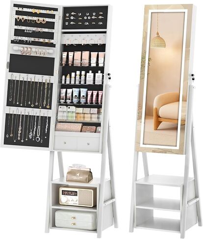 VECELO Jewelry Cabinet with Mirror and Lights, 63" Full Length Mirror with Storage, Lockable Standing Jewelry Armoire with Drawers and Shelf, 3 Colors Mode, Powered By USB, Pearl White in Saudi Arabia