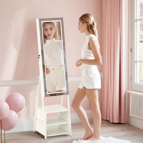 VECELO Jewelry Cabinet with Mirror and Lights, 63" Full Length Mirror with Storage, Lockable Standing Jewelry Armoire with Drawers and Shelf, 3 Colors Mode, Powered By USB, Pearl White in Saudi Arabia