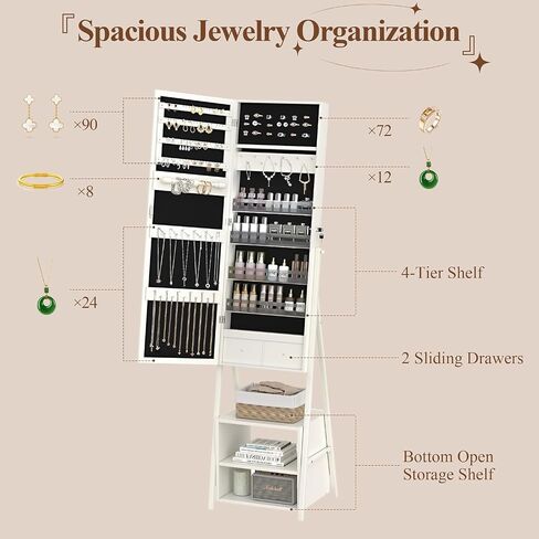 VECELO Jewelry Cabinet with Mirror and Lights, 63" Full Length Mirror with Storage, Lockable Standing Jewelry Armoire with Drawers and Shelf, 3 Colors Mode, Powered By USB, Pearl White in Saudi Arabia