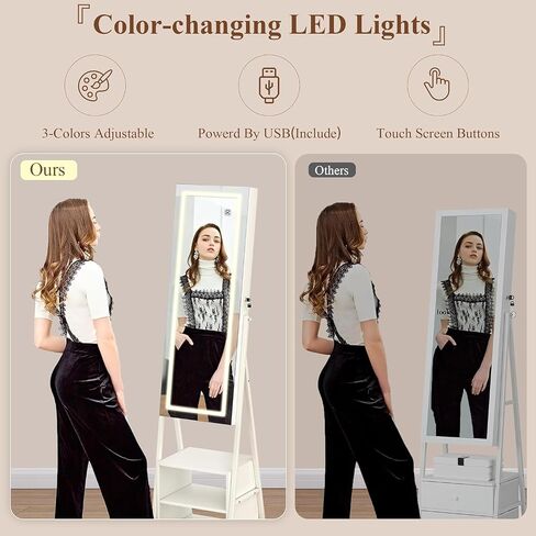 VECELO Jewelry Cabinet with Mirror and Lights, 63" Full Length Mirror with Storage, Lockable Standing Jewelry Armoire with Drawers and Shelf, 3 Colors Mode, Powered By USB, Pearl White in Saudi Arabia