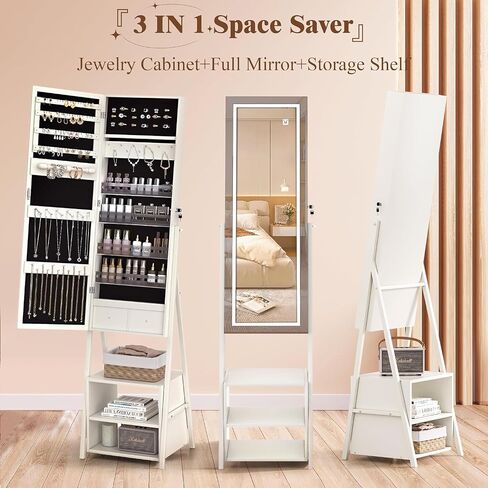 VECELO Jewelry Cabinet with Mirror and Lights, 63" Full Length Mirror with Storage, Lockable Standing Jewelry Armoire with Drawers and Shelf, 3 Colors Mode, Powered By USB, Pearl White in Saudi Arabia