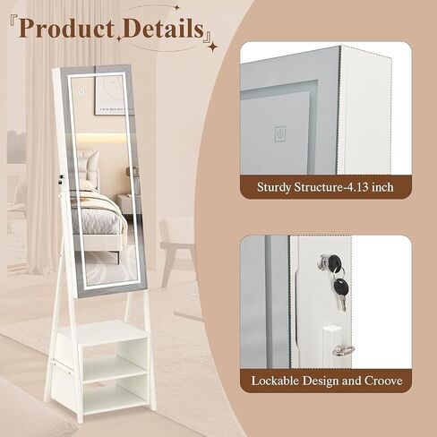 VECELO Jewelry Cabinet with Mirror and Lights, 63" Full Length Mirror with Storage, Lockable Standing Jewelry Armoire with Drawers and Shelf, 3 Colors Mode, Powered By USB, Pearl White in Saudi Arabia
