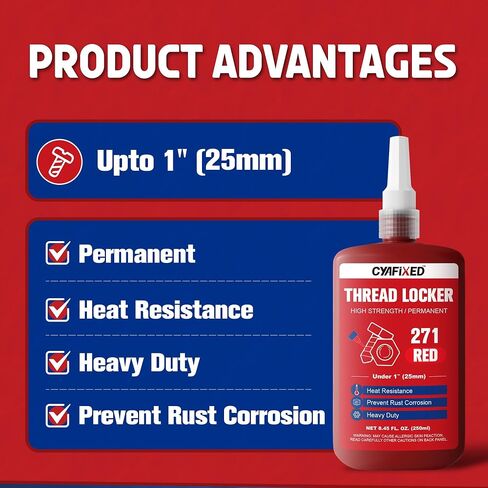 Threadlocker 271, Red High Strength Permanent Thread Lock Glue (1.69Fl. oz/50ml) - Lock Tight Screw Glue for Nuts, Bolts & Seal Fasteners, Prevents Loosening, Rust & Corrosion in Saudi Arabia