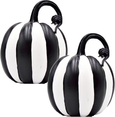 Needzo Black and White Striped Pumpkin Decorations, Seasonal Halloween Home Accessories, 6 in., Set of 2 (2-6 Inches) in Saudi Arabia
