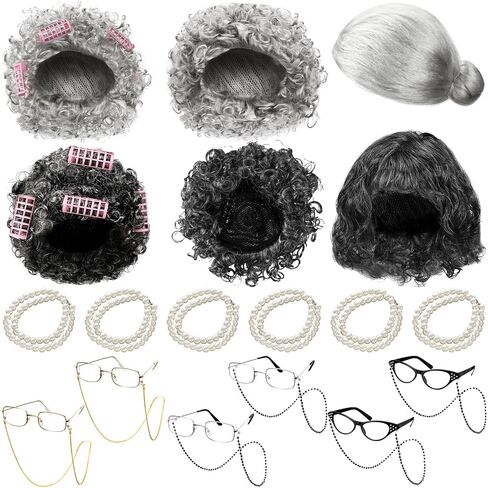 18 Pcs Old Lady Wig Costume Set Grandma Wig Granny Glasses Halloween Costume for Women Old Lady Cosplay Dress Party in Saudi Arabia