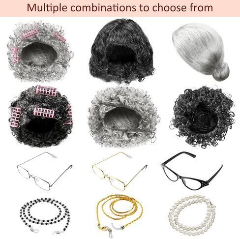 18 Pcs Old Lady Wig Costume Set Grandma Wig Granny Glasses Halloween Costume for Women Old Lady Cosplay Dress Party in Saudi Arabia