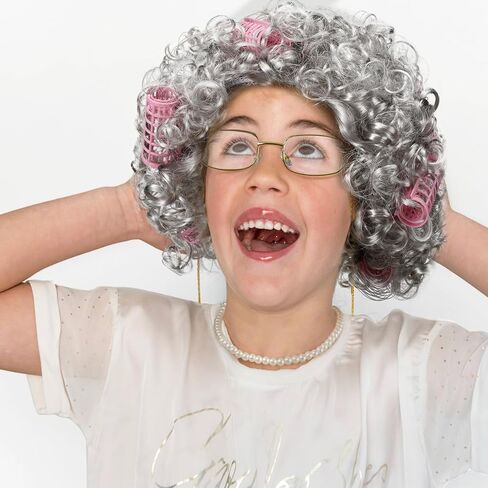 18 Pcs Old Lady Wig Costume Set Grandma Wig Granny Glasses Halloween Costume for Women Old Lady Cosplay Dress Party in Saudi Arabia