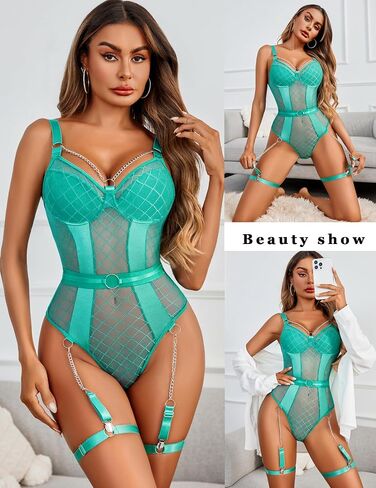Avidlove Womens Lingerie Set with Chain Mesh Bodysuit Snap Crotch Teddy Sexy Garter Belt Lingerie Underwire Push Up Bra in Saudi Arabia