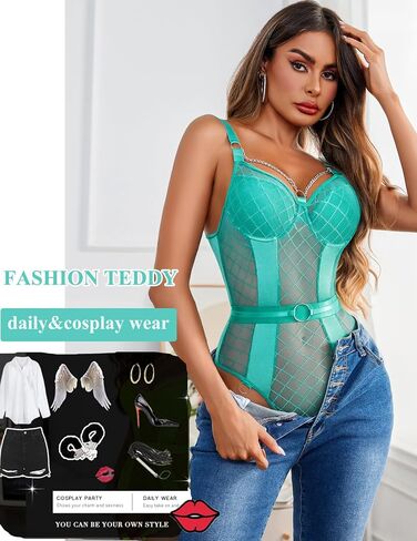 Avidlove Womens Lingerie Set with Chain Mesh Bodysuit Snap Crotch Teddy Sexy Garter Belt Lingerie Underwire Push Up Bra in Saudi Arabia