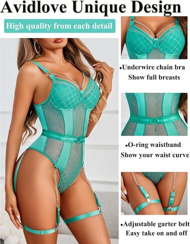 Avidlove Womens Lingerie Set with Chain Mesh Bodysuit Snap Crotch Teddy Sexy Garter Belt Lingerie Underwire Push Up Bra in Saudi Arabia