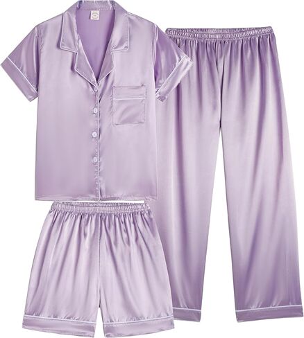 Vopmocld Satin Pajama Sets Unisex Boys and Girls Silk Button Down Short Sleeve & Shorts & Pants Sleepwear 3PCS Loungewear PJS in Saudi Arabia