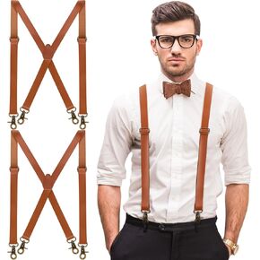Silicherry 2 Pcs Mens Suspenders Brown Leather Suspenders Adjustable X Back Suspenders with Swivel Hooks for Jeans Wedding party Groomsmen