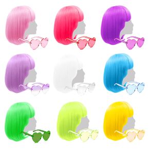 9 Pieces Colorful Bob Wig, 12" Straight with Flat Bangs, Bubble Gum Series Colored Party Wigs, Wigs for Women of Bachelorette Party Favors, Come with Extra Heart Bachelorette Sunglasses
