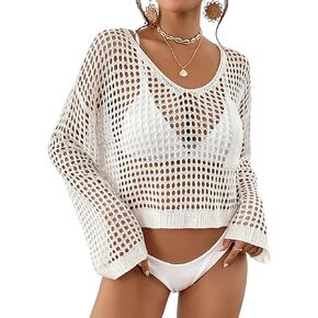 Bsubseach Womens Crochet Crop Top Beach Swimsuit Cover Up Long Sleeve Hollow Out Bathing Suit Cover Ups