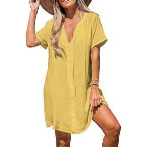 CUPSHE Women's V Neck Cover Up Dress Short Sleeve Semi-sheer Beach Mini Dress