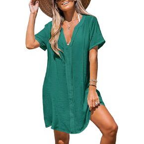 CUPSHE Women's V Neck Cover Up Dress Short Sleeve Semi-sheer Beach Mini Dress in Kuwait