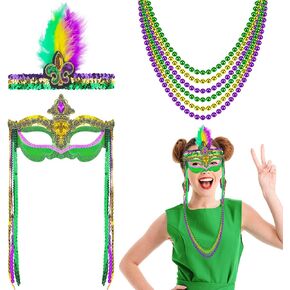 8 Pieces Mardi Gras Costume Accessories Mardi Gras Feather Headband Mask Necklace Mardi Gras Costume for Masquerade Mask Party 1920 Retro Party New Orleans