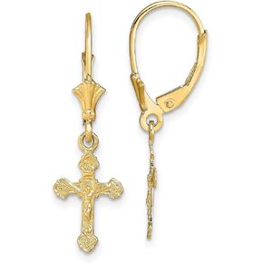 Crucifix Leverback Earrings In Real 14k Yellow Gold 30 mm x 9 mm