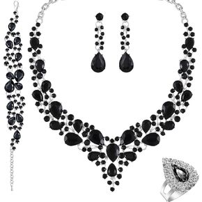 Paxuan Crystal Bridal Wedding Jewelry Sets for Women Rhinestone Teardrop Crystal Statement Choker Necklace Drop Earrings Link Bracelets Rings Teardrop Jewelry Set for Brides Bridesmaids